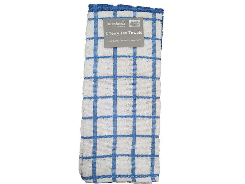 Terry Tea Towel Blue Checked x 2 HT39