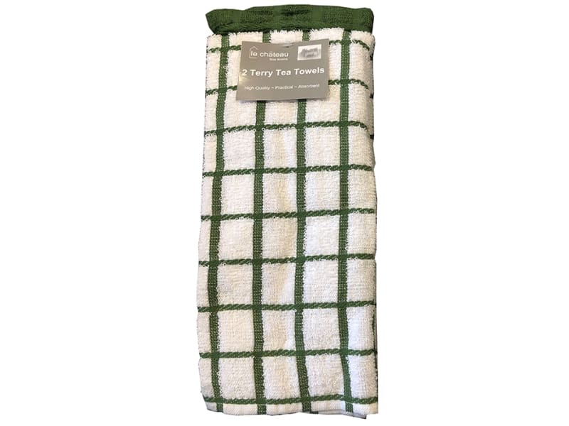 Terry Tea Towel Green Checked x 2 HT40