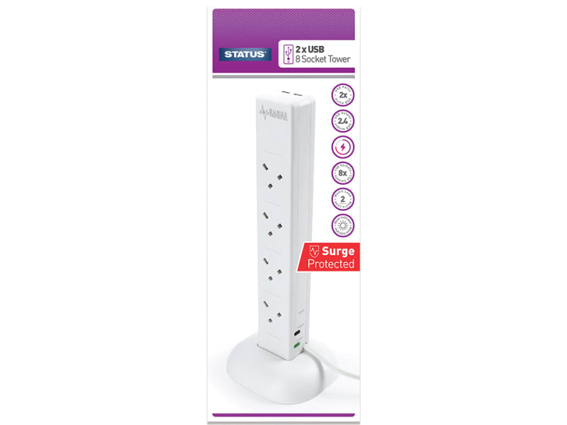 Tower Extension Socket 8 Way + 2 USB Surge Protector + Neon 2m